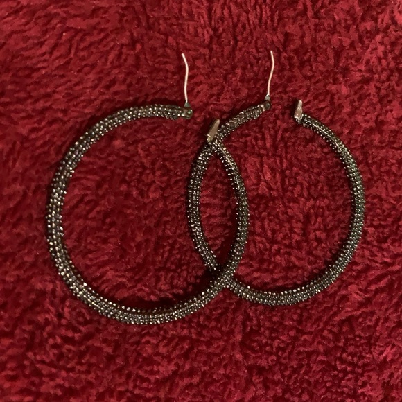1.5” Hoop Earrings Black W/Small Rhinestones, EUC - Picture 4 of 8